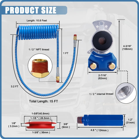 Semi Truck Air Brake Hose Coil Set With 1/2 In NPT DOT Fittings Red And Blue Leads Glad Hands Grips And Rubber Seals 15 Ft Plus 40 In Tractor Leads Pigtail Airline Kit For Rig Durable Value Pack diagram showing hoses and fittings dimensions