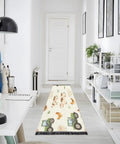 Farm Animals Cartoon Tractor Runner Rug 2x6 Non Slip Low Pile Machine Washable Hallway Rug For Entryway Kitchen Laundry Room Bathroom Cozy Soft Underfoot High Traffic Narrow Spaces in hallway with bookshelves and desk.