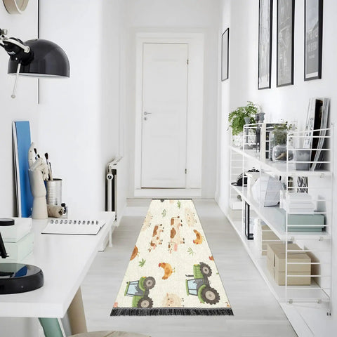 Farm Animals Cartoon Tractor Runner Rug 2x6 Non Slip Low Pile Machine Washable Hallway Rug For Entryway Kitchen Laundry Room Bathroom Cozy Soft Underfoot High Traffic Narrow Spaces in hallway with bookshelves and desk.