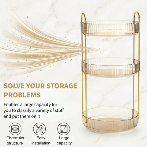 360 Smooth Spin 3 Tier Makeup Organizer For Bathroom Counter Or Vanity Styling Large Capacity Lazy Susan Rack with gold frame and transparent trays