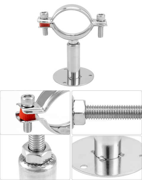 QWORK stainless steel 2-inch OD pipe wall/ceiling mount clamp with base flange and red tightening knob