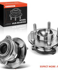 Two Pack Front Wheel Bearing And Hub Assembly For AWD Dodge Charger Challenger Magnum And Chrysler 300 5 Lug Compatible With 2005 2023 Models Reliable Sealed Bearings For Smooth Ride And Quiet Operation Easy To Install, showing two wheel hubs and packaging.