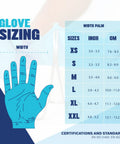 Glove sizing chart for Blue Nitrile Exam Gloves 4 Mil Heavy Duty 1000 Count Bulk Box, showing size options and palm width measurements.