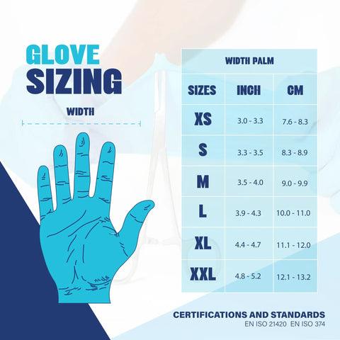 Glove sizing chart for Blue Nitrile Exam Gloves 4 Mil Heavy Duty 1000 Count Bulk Box, showing size options and palm width measurements.