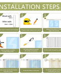 Illustration of installation steps for farmhouse curtain rods for windows 36 to 88 inches with antique white finish.