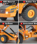Detailed view of Volvo Authorized RC Dump Truck Toy For Kids, showing ABS material, rubber tires, up/down mechanism, articulated shaft.