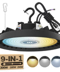 Tunable 150W 180W 200W UFO LED High Bay Light With 30,000 Lumens, 3 Color Switchable, Dimmable 1-10V, 100-277V, US Plug Cable
