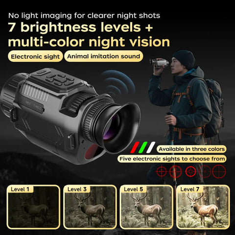 Thermal Imaging Monocular Night Vision Telescope With 64MP 28X Zoom, showing 7 brightness levels and multi-color night vision
