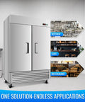 Top Tier Commercial Reach In Refrigerator Double Door Stainless Steel 49.6 Cubic Foot Straight Up Heavy Duty Kitchen Workhorse in a kitchen.