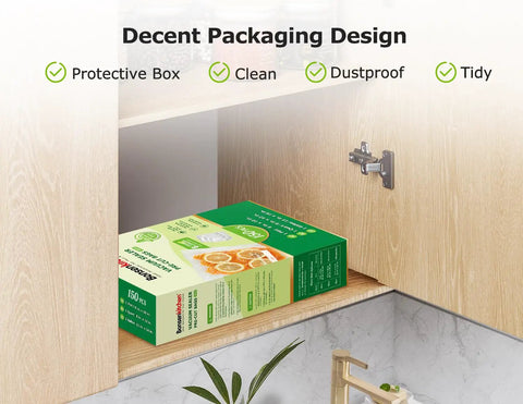 Pro Grade Vacuum Sealer Bags Set For Quick Meal Prep And Sous Vide, 150 Count In 11x16 Large, 8x12 Medium, 6x10 Small, BPA Free, Commercial Grade For Fresh Food Storage displayed in a protective box with clean, dustproof, tidy packaging on a kitchen shelf.