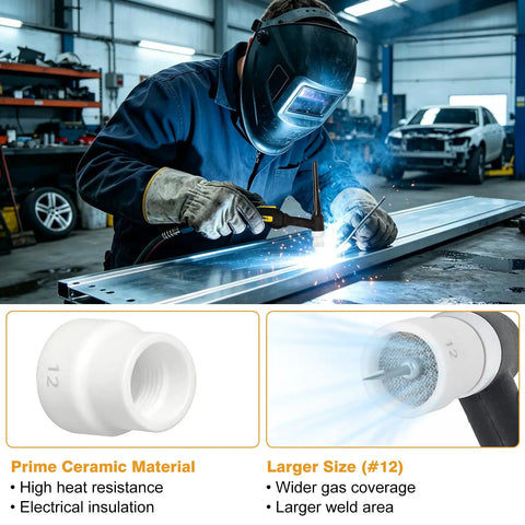 Welder using Ceramic TIG Welding Cup Kit, 5 Pack Size 12 With 3 32 Diffuser in auto repair shop, showing wider gas coverage