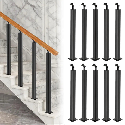 Rock Solid 35 To 37 Inch Holeless Railing Post Featuring 270 Degree Adjustable Mounting Slick Matte Black Steel Handrail for stairs.