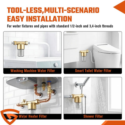 Diagram showing installation of Reusable Brass Sediment Water Filter For Washer And More; used in washers, toilets, heaters.
