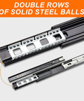 Close-up of double row steel ball bearings in full extension slide; part of Five Pairs Of Twenty Inch Soft Close Drawer Slides with ball bearings.