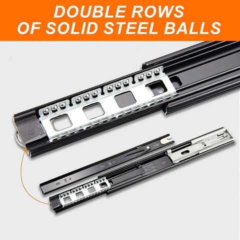 Close-up of double row steel ball bearings in full extension slide; part of Five Pairs Of Twenty Inch Soft Close Drawer Slides with ball bearings.