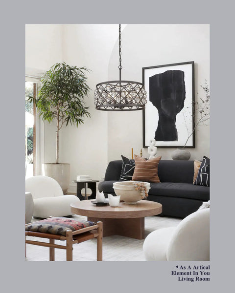 4 Light Crystal Chandelier With Oil Rubbed Bronze Finish hanging in a stylish living room, 18 inch fixture with K9 crystals.