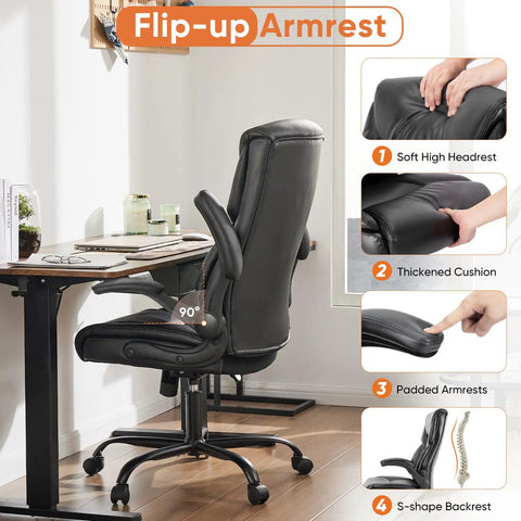 Ergonomic High Back Gaming Chair With Smooth Wheels For Long Hours Heavy Duty Desk Office Chair Flip Up Armrests Adjustable Height PU Leather