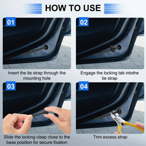 Step-by-step instructions for using Universal Car Bumper Clip Kit For Fender And Splash Shield Repair Self Locking Zip Tie Clips PA6 Nylon Fasteners Quick Fix For Loose Bumpers No Tools Needed 100 Pack