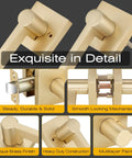Close-up of 4 Pack Satin Brass Passage Door Knobs and Levers showing keyless design and gold finish
