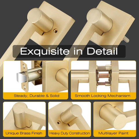 Close-up of 4 Pack Satin Brass Passage Door Knobs and Levers showing keyless design and gold finish