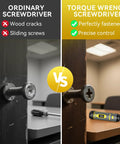 Comparison of ordinary screwdriver causing wood cracks vs Pro Grade Torque Wrench And Screwdriver Set for perfect fastening.