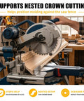 Kickass Crown Molding Jig And Miter Saw Protractor With Heavy Duty Metal Stops For Straight Up Accurate Nested Cuts And No Sweat Setup Using Aluminum Angle Finder Tool For Easy DIY Carpentry Who Gonna Nail Their Miter Measurements Today, miter saw cutting crown molding with adjustable stops.
