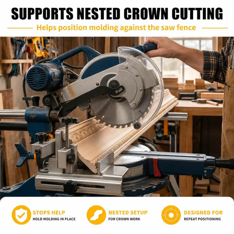Kickass Crown Molding Jig And Miter Saw Protractor With Heavy Duty Metal Stops For Straight Up Accurate Nested Cuts And No Sweat Setup Using Aluminum Angle Finder Tool For Easy DIY Carpentry Who Gonna Nail Their Miter Measurements Today, miter saw cutting crown molding with adjustable stops.