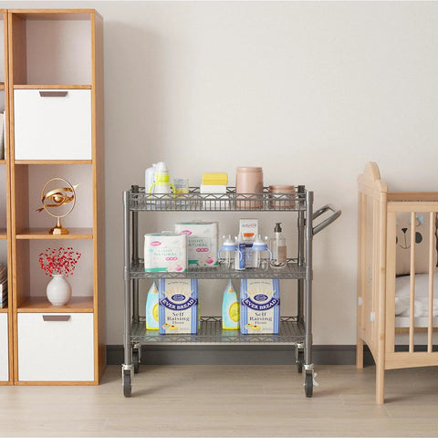 Heavy Duty 3 Tier Metal Utility Rolling Cart With Wheels For Kitchen Garage Office And Commercial Use with baby supplies in nursery
