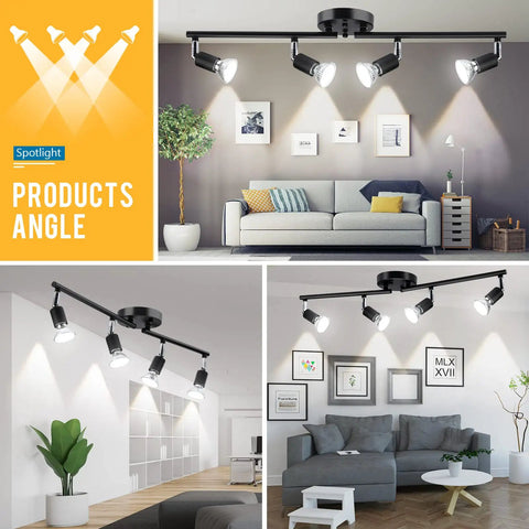 Four Head Foldable Track Lighting Kit With GU10 Sockets Adjustable Ceiling Spot Lights for Kitchen Hallway Bedroom Industrial Vintage Black Fixture installed in living rooms