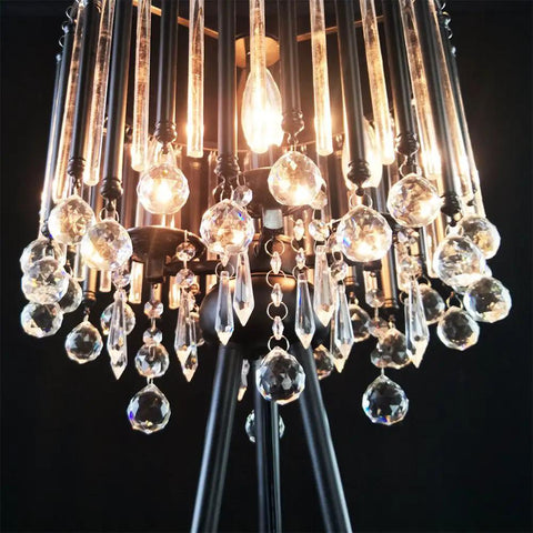 Close-up of Dope Romance Crystal Tripod Floor Lamp in Black with Four 40W Bulbs, Modern Crystal Mid Century Style detail.