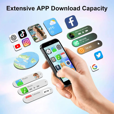 Hand holding a compact smartphone showcasing various app icons, highlighting its functionality for daily use.