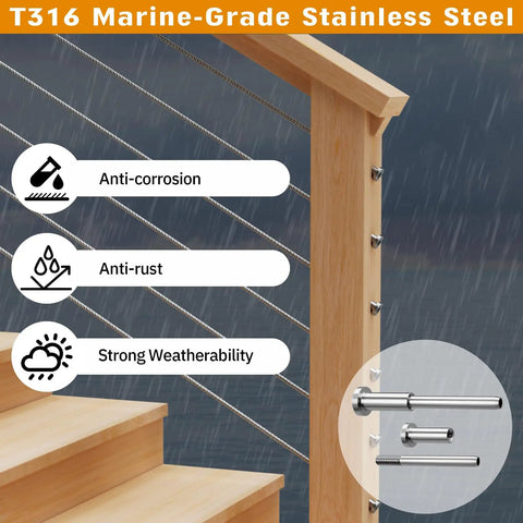 Hidden Cable Railing Kit for 2x2 Posts Twenty Pack One Eighth Inch T316 Stainless Steel Swage Stud End Invisible Receiver System for Deck Railings Minimalist Hardware on outdoor stairs with anti-corrosion features