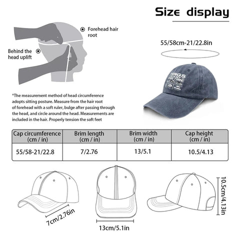 Funny Things I Do In Spare Time RV Camper Hat For Women size chart display with cap measurements and diagram