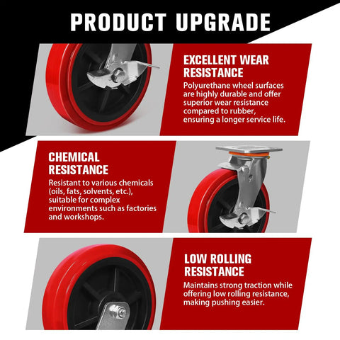 8 By 2 Inch Heavy Duty Polyurethane Caster Wheels Set Of 4 Industrial Rolling Casters, showing excellent wear resistance and low rolling resistance.