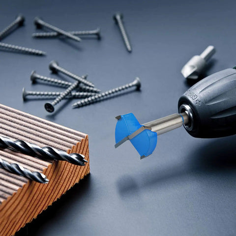 Carbide Tipped Forstner Bit Set 8 Piece Wood Drilling Kit with Pro Grade Precision Bit attached to drill near wood and screws.