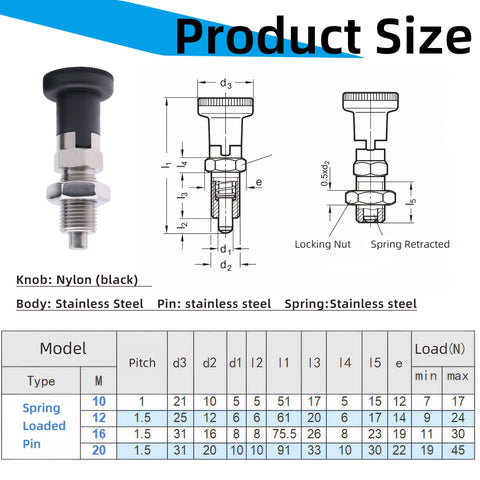 Heavy Duty Stainless Steel Index Plunger Pin M20 Spring Loaded Knob with nylon handle and specifications diagram.