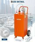 Orange 35 Gallon Fuel Caddy With Pump For Cars, Lawn Mowers, ATVs And Boats, Gasoline Diesel Storage Tank dimensions and hose.