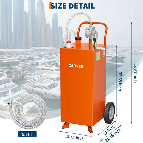 Orange 35 Gallon Fuel Caddy With Pump For Cars, Lawn Mowers, ATVs And Boats, Gasoline Diesel Storage Tank dimensions and hose.