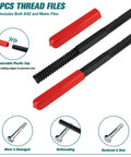 Close-up of 3 thread files with red plastic caps, part of Workhorse 49-Piece Thread Chaser Set With UNC UNF And Metric Taps Dies And Files.