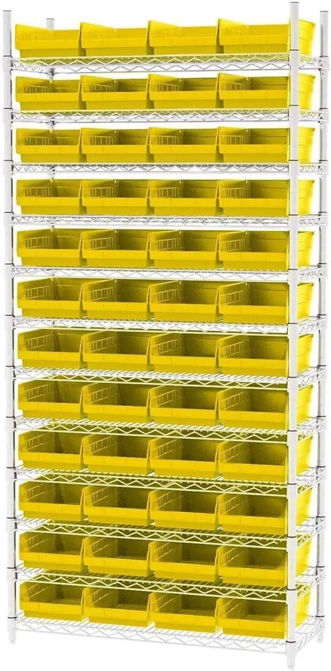 Dang Versatile Plastic Storage Bins For Refrigerator And Kitchen Pantry Organization Yellow Shelf Containers stacked on a wire rack