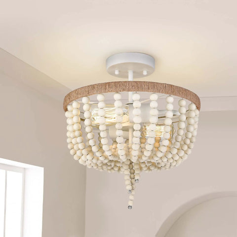 Boho Birch Wood Beaded Chandelier Flush Mount Ceiling Light With Rustic Charm, 13 Inch 2 Light Fixture in white farmhouse style