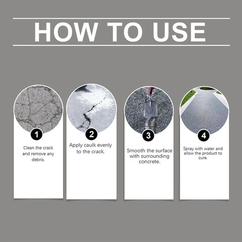 Instructions for using Super Durable Knockout Performance Concrete Crack Filler Waterproof Sealant for repairs.