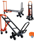 Three In One Industrial Convertible Hand Truck With 1000 Lbs Capacity, showing upright, tilt, and flat dolly modes with strap.