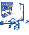 Beefed-Up 10 Ton Hydraulic Auto Frame Straightener And Beam Alignment Machine set with tool cart and chains in blue.
