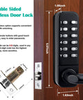 Keyless Entry Door Lock With Dual Sided Keypad And Handle Digital Code Combination Lock For Front Door And Outdoor Gates Auto Locking Not A Deadbolt Weatherproof Exterior Grade Build For Tough Outdoor Use, showing measurement details and double-sided keypad.