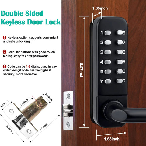 Keyless Entry Door Lock With Dual Sided Keypad And Handle Digital Code Combination Lock For Front Door And Outdoor Gates Auto Locking Not A Deadbolt Weatherproof Exterior Grade Build For Tough Outdoor Use, showing measurement details and double-sided keypad.