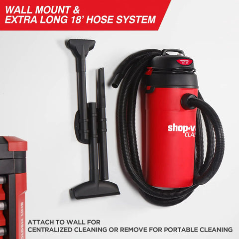 5 Gallon Wet Dry Vacuum With 5.5 Peak HP, Wall Mountable Shop Vacuum For Garage Car And Workshop with 18 Foot Hose Mounted