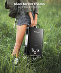 Person carrying 6L Portable Propane Tankless Water Heater With Digital Display And Multi Protection in grass, dimensions shown