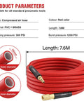 Heavy Duty Hybrid Air Hose 3/8 Inch By 25 Feet Lightweight Kink Off Air Compressor Hose coiled with 1/4 inch brass fittings.