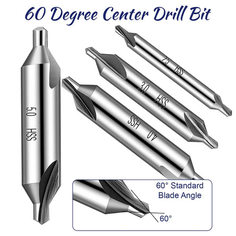Top Shelf 7 Piece Center Drill Bit Set With 60 Degree Premium Carbon Steel Points For Dead On Precision Lathes Metal Fab And Wood Turnery Solid Grip Tool Kit 1.0 To 5.0 Mm Sizing showing various 60° center drill bits labeled 30mm and 40mm.